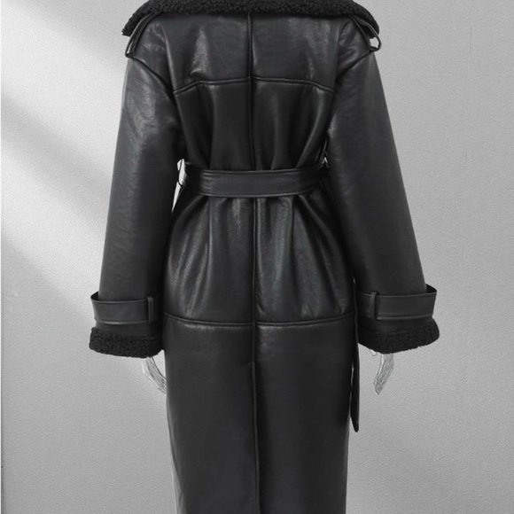 Women's Black Faux Leather Coat with Shearling Trim - Picture 4 of 7